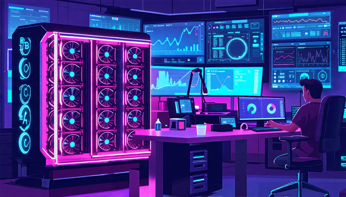A futuristic workstation with a high-tech crypto mining rig under maintenance, showing a technician in action. The rig is comprised of multiple GPUs, advanced cooling systems, and LED-lit components, all surrounded by digital screens displaying real-time mining statistics and system health indicators. In the background, there’s an organized workstation with tools, cleaning equipment, and replacement parts, emphasizing the importance of performance optimization and regular upkeep. The atmosphere is both high-tech and industrious, reflecting the cutting-edge and meticulous nature of crypto mining.
