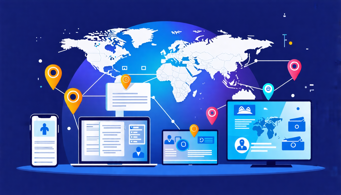 Create a DALL-E prompt based on the second point of the outline: 

Illustrate a scene where a person is using a Smart DNS service to access geo-restricted content on multiple devices (laptop, smartphone, and smart TV) while traveling. Show a world map in the background with location markers highlighting various countries, symbolizing global content access. The devices display various streaming platforms, showcasing improved connection speed and stability, with security icons subtly integrated to indicate data protection.