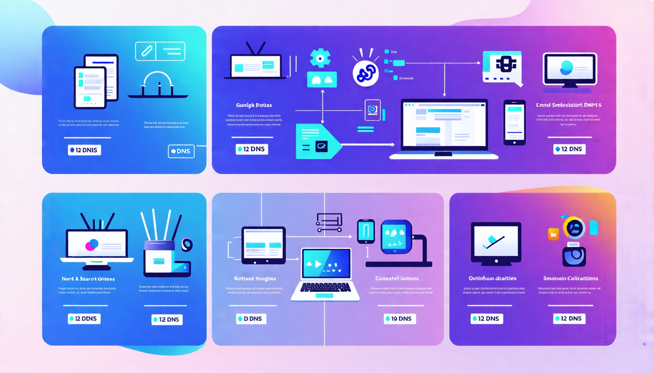 **DALL-E Prompt:** Create an image depicting the various stages of configuring and utilizing a Smart DNS service. The image should include visual elements representing different devices such as routers, computers, and smartphones with icons or illustrations showing step-by-step configuration processes. Additionally, illustrate a comparative chart showcasing various Smart DNS providers, and include a section on troubleshooting with common issues highlighted and optimal solutions suggested. The overall style should be clean, modern, and easy to understand, reflecting a technological and user-friendly theme.