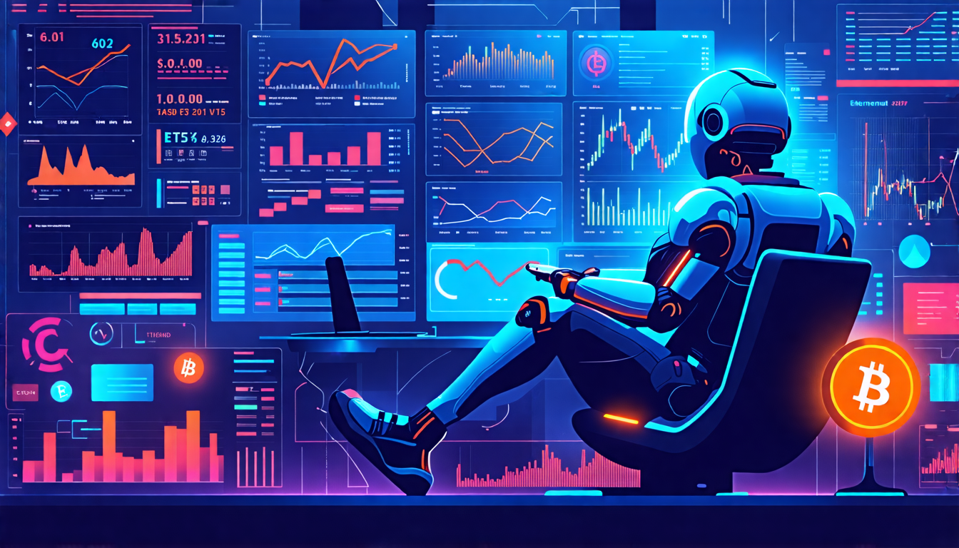 Create an image depicting the advantages of using an auto crypto trader for investing. The scene should feature a calm, relaxed investor sitting back while a futuristic robot handles complex cryptocurrency trading on multiple digital screens. Elements to include: efficiency, reduced emotional stress, and potential for higher returns, signified by upward-trending graphs and symbols of various cryptocurrencies like Bitcoin and Ethereum.