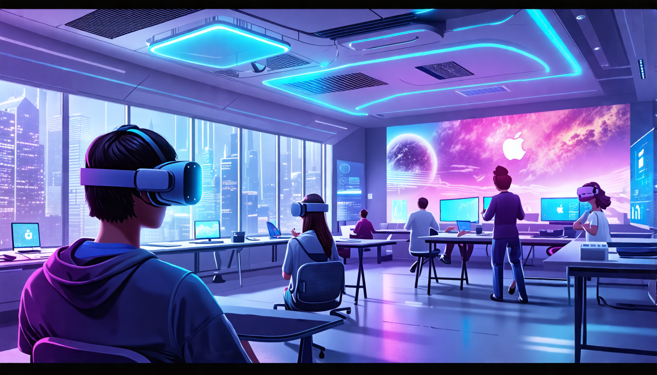 Create a detailed, futuristic illustration depicting the diverse applications and potential of Apple VR across various industries. The image should feature a multi-layered scene: students using Apple VR headsets for interactive lessons in a modern classroom, a breathtaking VR gaming and movie experience in a high-tech entertainment room, and a healthcare professional using Apple VR for therapeutic and medical training purposes. Each section should highlight advanced, sleek Apple VR devices seamlessly integrated into these environments, emphasizing innovation and versatility.