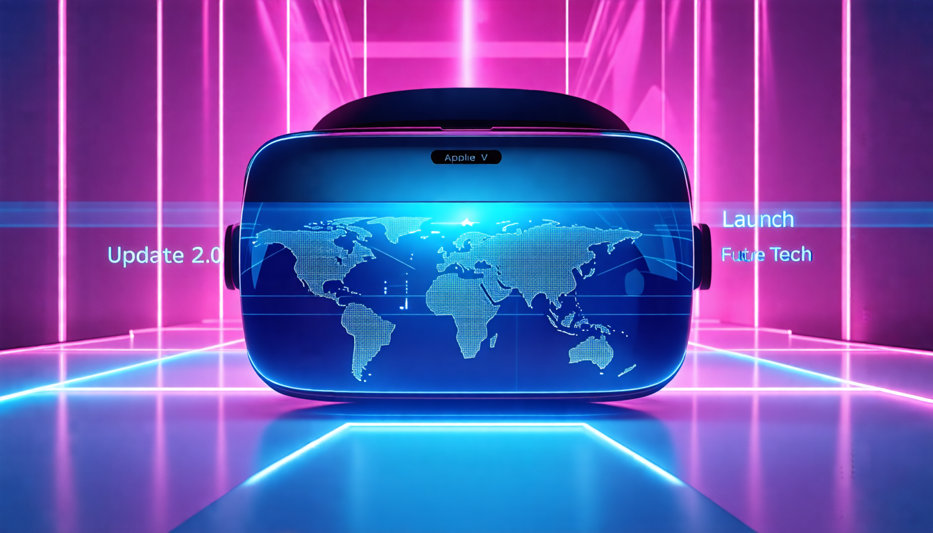 Create an image showing an Apple VR headset in a sleek, futuristic setting. Highlight a timeline projecting into the future, indicating Launch, Update 1.0, Update 2.0, and Future Tech. Include visual elements like holographic charts and experts discussing new Apple VR features. Make sure to incorporate a sense of anticipation and excitement surrounding the Apple VR