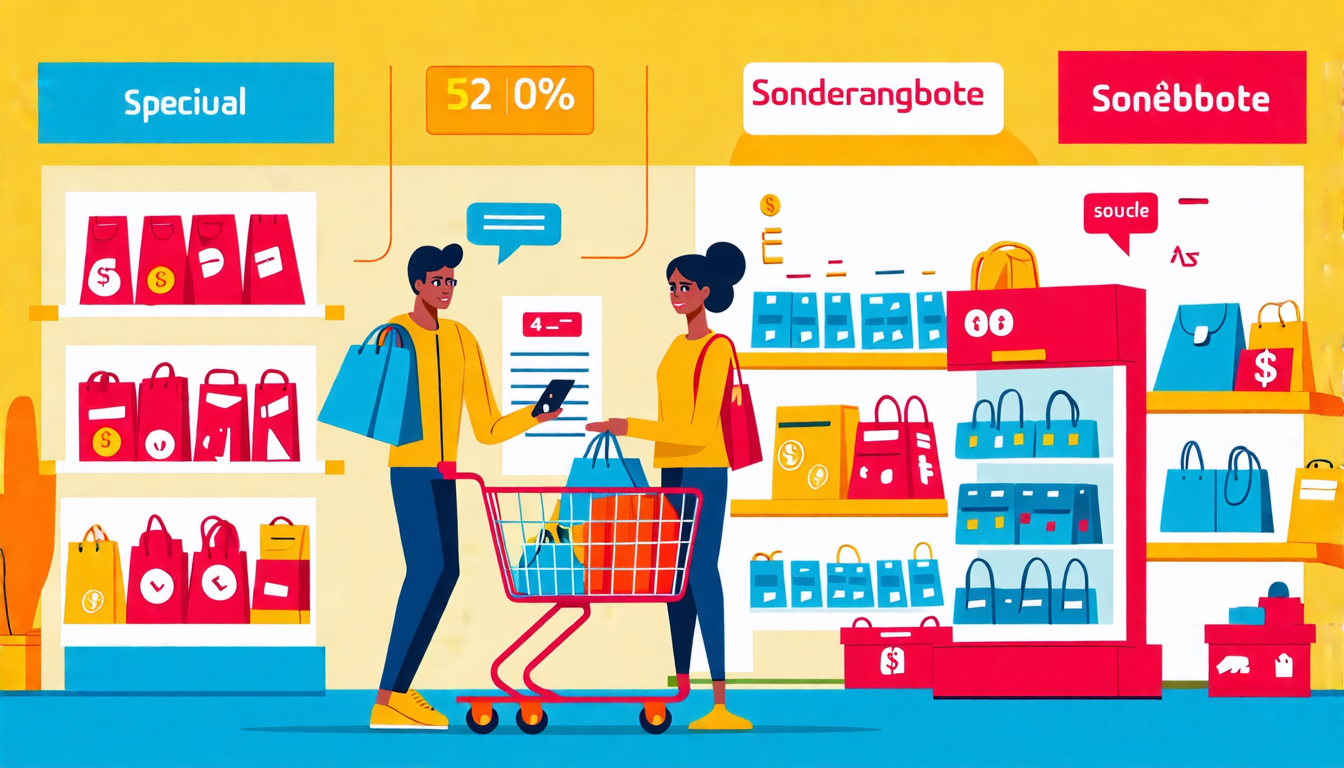 Create an engaging and informative illustration that captures the essence of maximizing the benefits of special offers (Sonderangebote). The image should feature a shopper in a bright, bustling store, surrounded by colorful sale signs and attractive discounts. The shopper is thoughtfully comparing products in their shopping cart, showing a focused and strategic approach to their purchases. Include visual elements that suggest organization, such as a smartphone displaying a shopping list or reminders to avoid impulse buys. Incorporate symbols of savings, such as coins or a calculator, to emphasize the theme of evaluating and tracking offers for future savings.