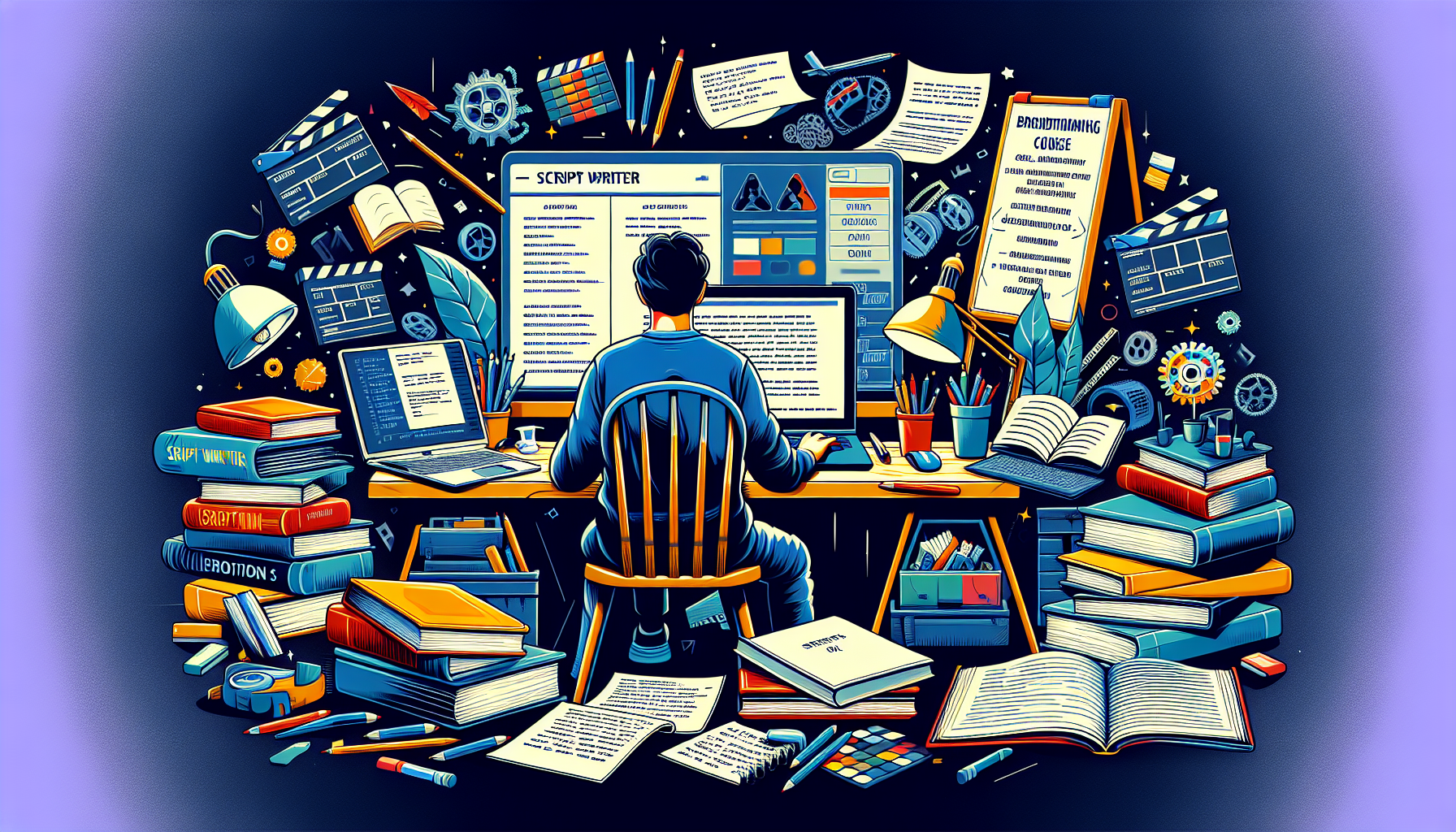 Create an image where an aspiring script writer is immersed in studying and practicing their craft. Depict them surrounded by books on script writing, pages of a script filled with notes, and a laptop displaying an online course or workshop. Incorporate elements such as a whiteboard with brainstorming notes and film genre categories, emphasizing a focused and dedicated learning environment.