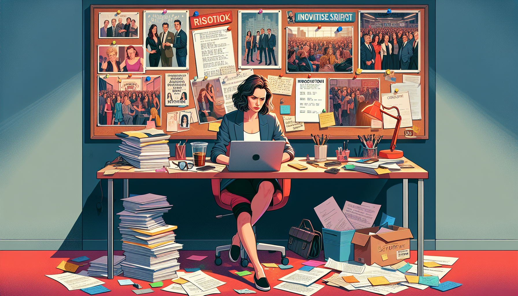 Create an image prompt that captures the theme of the third point from the outline:

An aspiring script writer sits at a desk cluttered with scripts and notes, typing on a laptop. Behind them, a vision board displays photos and connections with industry professionals, script ideas, and reminders. The scene includes a corkboard with pinned business cards, a pile of rejection letters symbolizing past setbacks, and a framed picture of a networking event with industry peers. There’s a feeling of determination and ambition as they draft an email for a script submission.