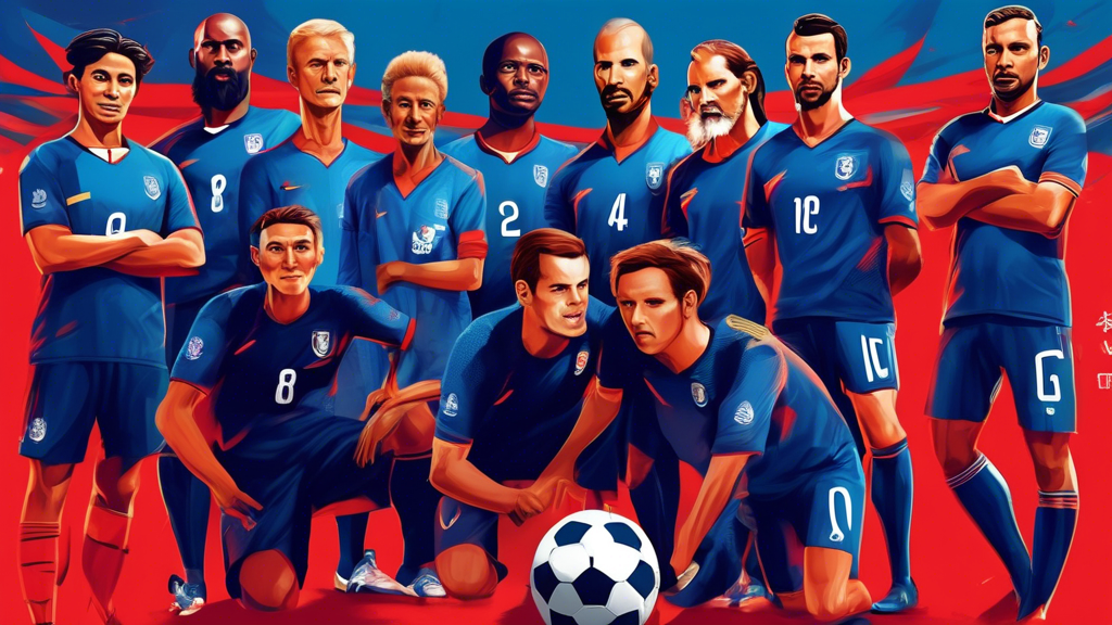 Create an image capturing the essence of two competing football teams gearing up for today’s thrilling World Cup 2022 match. The digital artwork should feature:

- **Team Jerseys:** Jerseys displaying the official colors and logos of both teams prominently.
- **Key Players:** Highlight key players from each team with dynamic poses, perhaps one about to kick a ball and the other in a defensive stance.
- **Stadium Atmosphere:** A modern, energetic World Cup stadium filled with enthusiastic fans, waving flags, and vibrant banners in the background.
- **Strategic Elements:** Illustrations of tactical formations or strategic arrows to symbolize team strategies and game plans.
- **Historic Elements:** Subtle references to the teams’ past World Cup performances through imagery such as past trophies, historic match highlights on screens, or vintage photos in the background.

This visual elements-rich DALL-E prompt should convey the anticipation, history, and excitement surrounding today’s match while focusing on the teams and their preparations.