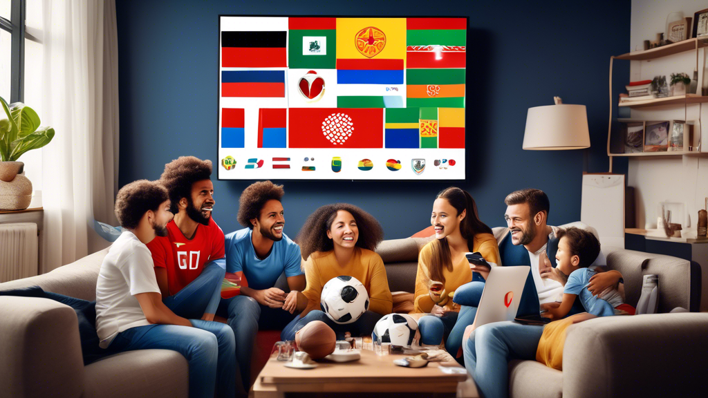 Create an image that shows a lively room with an international family gathered on a couch, watching a football match on a big-screen TV. The screen displays the Football World Cup 2022 logo and two teams