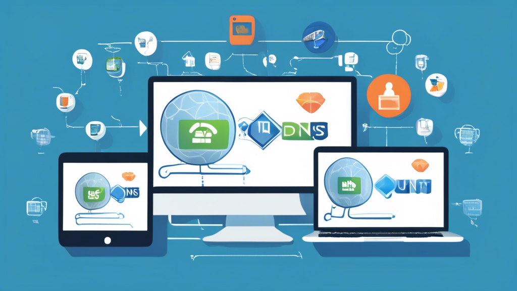 Create an illustration that visually demonstrates the process of setting up a Smart DNS Proxy to unblock content on various devices. Include icons for computers, smartphones, and tablets, as well as recognizable operating system logos like Windows, macOS, Android, and iOS. The image should have a step-by-step guide feel, perhaps with arrows showing the progression from start to finish. Use the text: Smart DNS Proxy Setup prominently to make the purpose clear.
