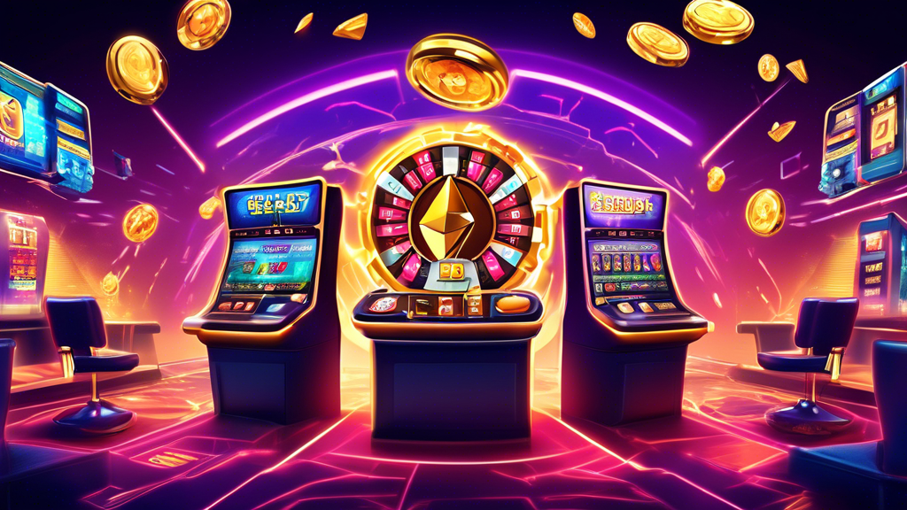 Create an illustration depicting the advantages of using crypto payments in online casinos. The scene could show a vibrant, futuristic online casino with digital slot machines and card tables. Emphasize the enhanced security with visual representations like digital locks or shields around players’ data. Show the speed of transactions with illustrative arrows or clocks indicating fast processing times. Incorporate different cryptocurrency symbols (such as Bitcoin, Ethereum) to highlight the lower fees and global accessibility, with players from various parts of the world interacting seamlessly. The overall mood should be dynamic and exciting, showcasing the modern appeal of online casino crypto payments.