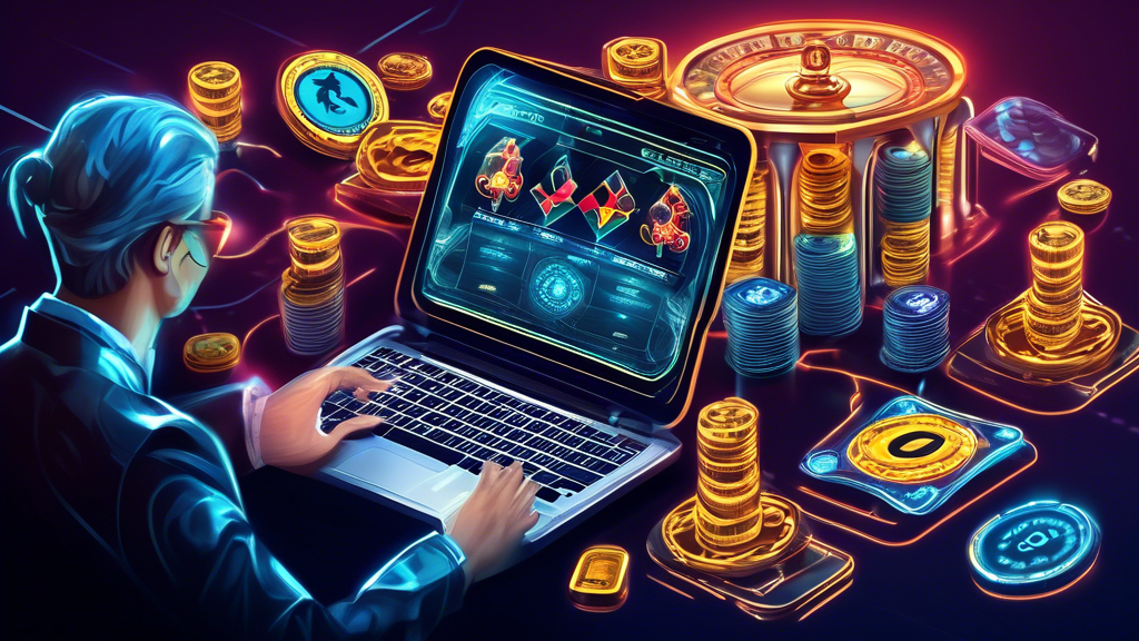 Create an image depicting the challenges and future prospects of online casino crypto payments. The scene should be a futuristic, high-tech online casino environment. On one side, illustrate regulatory and legal challenges with symbols like scales of justice, government seals, and warning signs. On the other side, show potential risks such as market volatility and cybersecurity threats represented by fluctuating graphs and digital security icons. In the background, highlight future trends and innovations with holographic interfaces, blockchain networks, and futuristic payment terminals. Emphasize the keyword: online casino crypto.