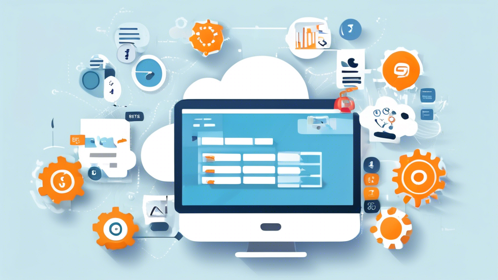 Create an image that visually represents the criteria for selecting the best online accounting software. The image should feature a checklist with key attributes such as Wichtige Funktionen, Integration mit anderen Anwendungen, Skalierbarkeit, and Support-Optionen. Include icons or illustrations that symbolize these features, like gear wheels for functions, cloud symbols for integration, arrows showing growth for scalability, and chat bubbles for support. The background should be a professional workspace setting resembling a tech-savvy office environment. Use a color palette that conveys professionalism and trustworthiness, such as blues and grays.