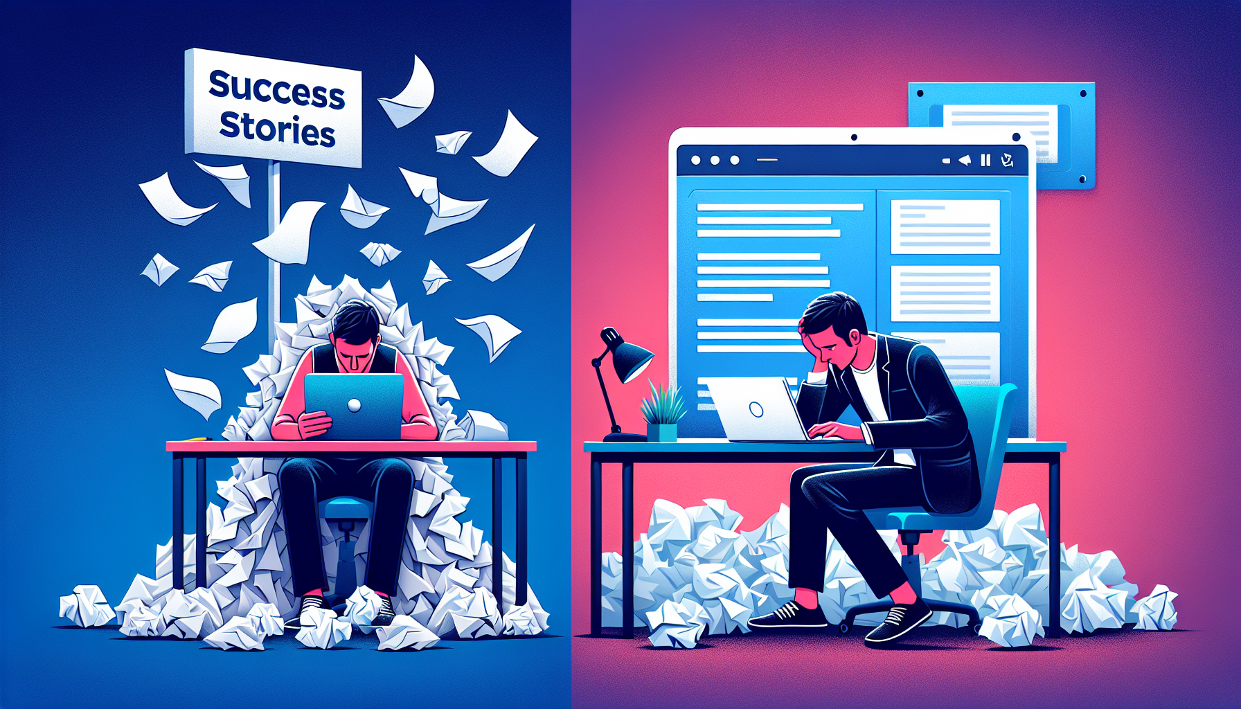 Create an image that captures the transformative journey of a scriptwriter using WeScreenplay. Show a split-screen with one side depicting a writer working on a rough draft, surrounded by piles of crumpled paper, frustration evident on their face. The other side should illustrate the same writer, now confident and smiling, receiving constructive feedback through WeScreenplay on their laptop, with their script looking polished and ready for success. Include a few encouraging testimonials and a “Success Stories” banner subtly in the background. 

Keyword: wescreenplay.