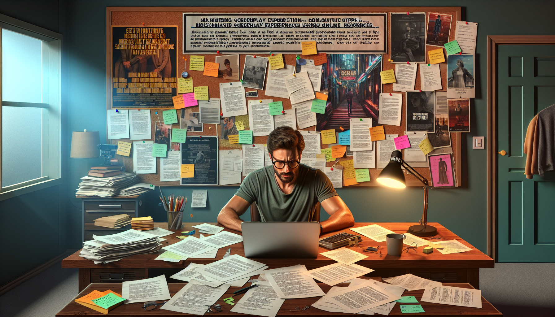 Prompt: An enthusiastic screenwriter sitting at their desk, surrounded by script pages, a laptop displaying the WeScreenplay website, and feedback notes. The room is filled with creative energy, as inspirational posters and storyboards line the walls. Sunlight streams through a nearby window, illuminating a step-by-step guide on 