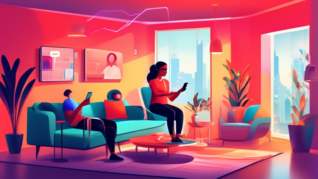 Illustrate a vibrant scene of a person using their Android smartphone in a modern living room, focused on optimizing their Verizon VPN settings. The image should include a clear icon indicating Verizon VPN is active on the phone screen. The background can have a sleek setting with additional tech gadgets to suggest a tech-savvy atmosphere. Include visual pointers or annotations highlighting tips and best practices for enhancing VPN performance and security.