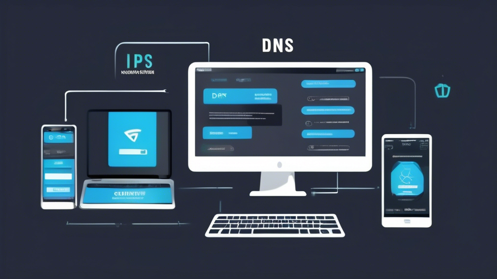 Create an image illustrating a step-by-step guide for setting up Smart DNS with IPVanish. Depict screens from various devices such as PC, Mac, Android, and iOS, with each screen showing relevant configuration steps. Emphasize clarity and simplicity, ensuring that each step is easily understandable. Use a visually appealing layout with icons or graphics representing the different devices involved in the setup process.
