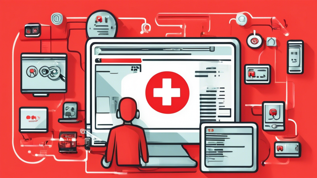 Create an image that illustrates a troubleshooting guide for configuring Smart DNS with IPVanish. The image should depict a user-friendly tech support scene, with icons of a computer, router, and various devices interconnected. Include visual cues for common problems and solutions, like a pop-up message indicating an internet connection issue with a red cross, and a checklist with ticks next to resolved issues. The backdrop can be a modern, light-themed home office setting.