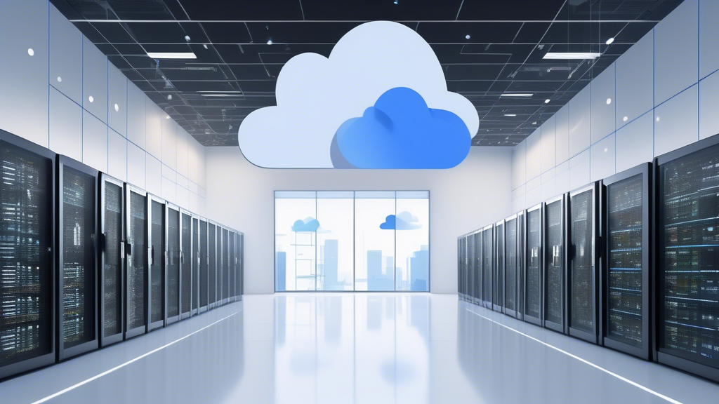 Create an image that showcases the technical advancements and advantages of using Google Cloud VPS for businesses. The image should feature a modern data center with sleek, cutting-edge servers and a dynamic dashboard indicating high performance metrics. Also, include visual representations of flexibility, scalability (like graphs shooting upwards), and security (such as a padlock icon or shield). Make sure the overall tone conveys reliability and technological superiority. Keywords: Google Cloud VPS, high performance, flexibility, scalability, security.