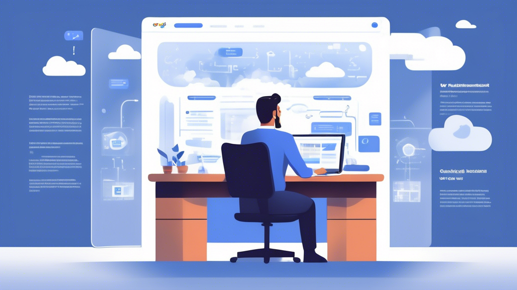 Create an image that illuminates the following scene:

A businessman, sitting at his office desk, sets up a Google Cloud VPS on his laptop. Multiple screens reflect different stages of the implementation process. On one screen, a step-by-step guide with checkboxes is displayed. Another screen shows a graphical user interface for the configuration settings. Behind him, a large window overlooks a cityscape, symbolizing the global reach and scalability of cloud solutions. In the background, subtle visual elements represent success stories and best practices, including charts and graphs indicating performance metrics. The overall atmosphere should communicate efficiency, modern technology, and professional success.

Keyword: google cloud vps.