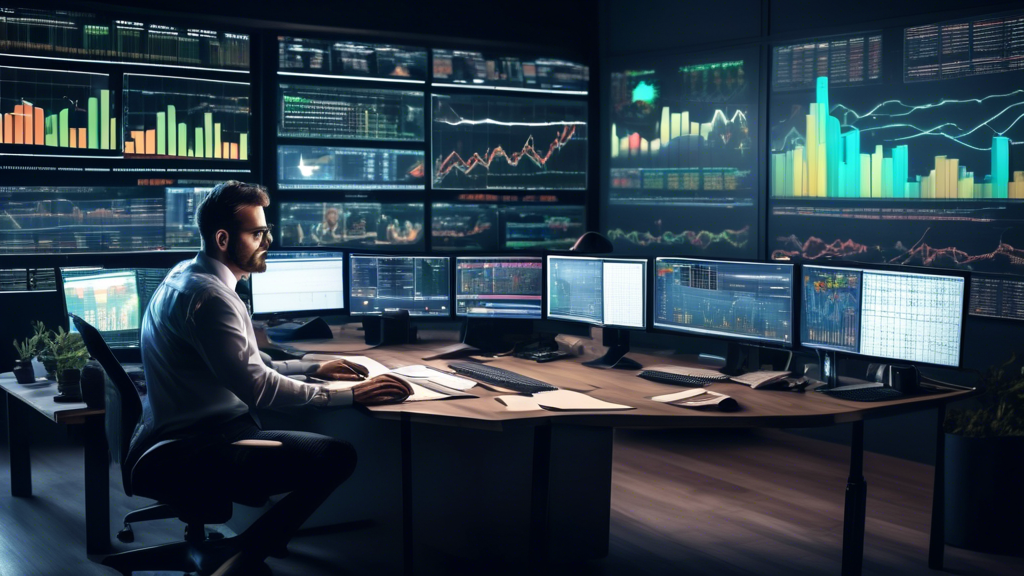 Create an image depicting an experienced trader in a modern office setting, surrounded by multiple computer screens displaying various trading charts and data. The trader is confidently managing their portfolio with an overlay of infographic elements showing tips and best practices for managing CFD margin efficiently. Charts illustrating risk management techniques and common mistakes to avoid are also visible in the background. The atmosphere should convey professionalism and expertise in CFD trading.