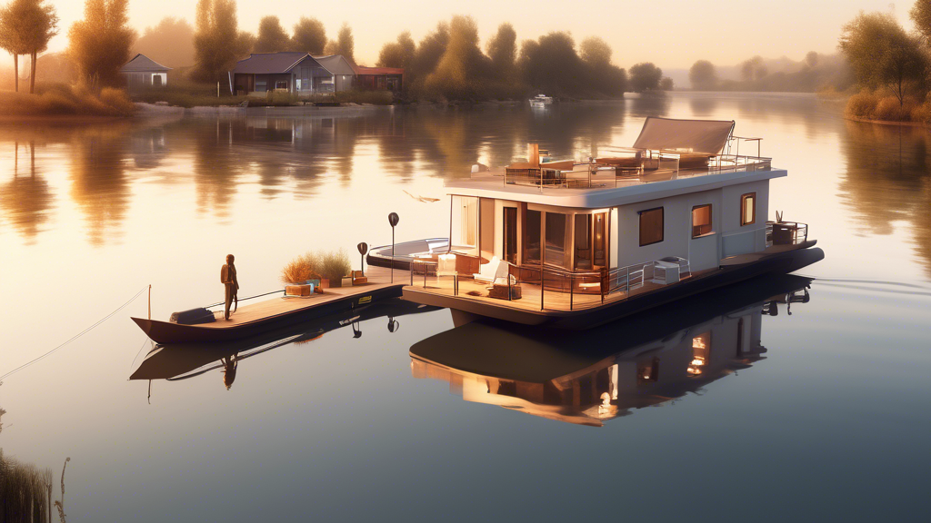 Create an image of a serene houseboat anchored by a picturesque riverside at sunset. The houseboat should have a modern and cozy design, with visible mooring lines securing it to a small dock. In the foreground, show a person reviewing a checklist and a map, with icons or symbols representing key considerations like budget, maintenance tools, legal documents, and insurance. This visual should capture the essence of careful planning and important considerations before purchasing a houseboat.