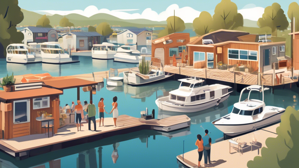 Create an image that depicts a scenic marina with houseboats docked at various spots. In the foreground, a couple is shown holding hands while examining a houseboat with a clipboard and checklist in hand, indicating they