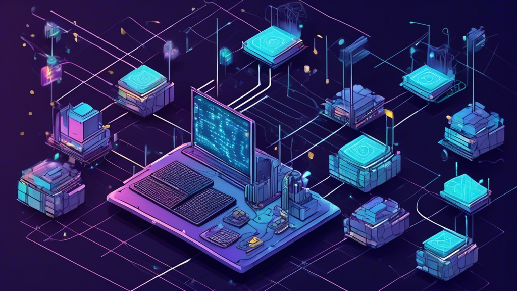 **DALL-E Prompt:**

Create an image that illustrates the step-by-step process of crypto mining. Include visuals representing the mining algorithms, such as hashing functions and consensus mechanisms. Display an interconnected network showing the distribution of data, emphasizing the importance of hash rate and mining difficulty. Use graphics like computer hardware (ASICs, GPUs), blockchain ledgers, and digital coins to represent the technology and complexity involved in the crypto mining process.