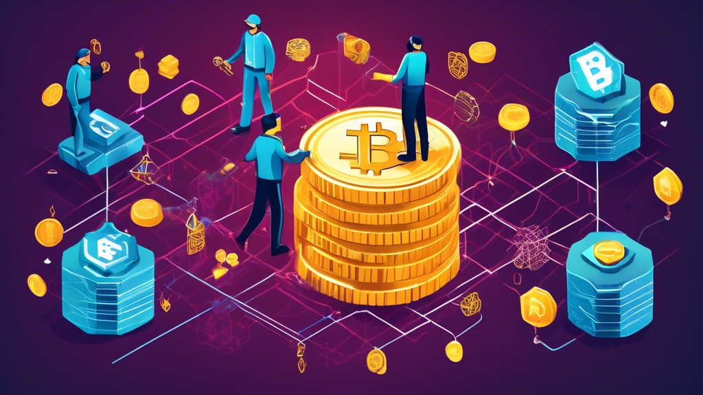 An illustration showing the benefits of crypto mining: On one side, depict stacks of coins and financial graphs representing financial incentives for both individual and institutional miners. In the center, illustrate miners securing the blockchain network with padlocks and chains symbolizing security. On the other side, show a decentralized network of interconnected nodes, and symbols of economic opportunities like job creation and innovation. Incorporate futuristic and high-tech elements to highlight the modern nature of crypto mining. Keyword: crypto miner.