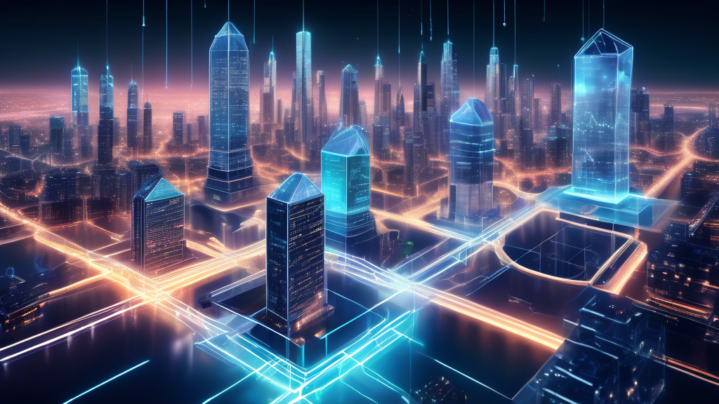 Create an image that illustrates the intersection of finance and crypto, focusing on technological innovations driving this convergence. Imagine a futuristic cityscape where towering traditional banks are seamlessly integrated with holographic blockchain networks. In the foreground, showcase smart contracts and DeFi platforms represented by glowing, interconnected digital nodes. Highlight key elements like security shields and scalable infrastructure to symbolize challenges and solutions. The overall ambiance should be dynamic and modern, showcasing the harmony between traditional financial systems and cutting-edge crypto technologies.