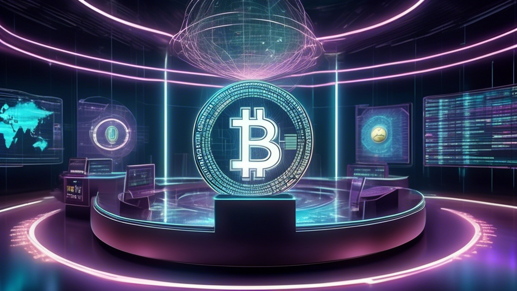 Create an image capturing the future landscape of finance and crypto. Imagine a bustling trading floor, but instead of traditional screens and tickers, there are holographic displays showcasing dynamic cryptocurrencies alongside traditional financial data. Prominent in the scene, a digital coin emblazoned with a central bank emblem represents Central Bank Digital Currencies (CBDCs). The atmosphere should blend both high-tech and traditional financial elements, symbolizing the convergence and futuristic trends shaping this space. Add a touch of futuristic cityscape in the background, highlighting the forward-looking nature of this intersection.