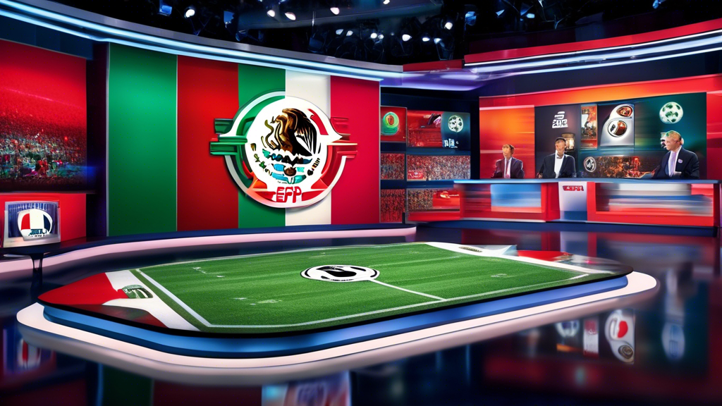 An image showing a dynamic TV studio set focused on Mexican football, featuring popular ESPN programs. The scene includes charismatic hosts and expert analysts, such as ex-football players, discussing live match highlights. The backdrop shows a vibrant montage of iconic Mexican football moments and team logos, emphasizing the in-depth coverage and exclusive content offered by ESPN.