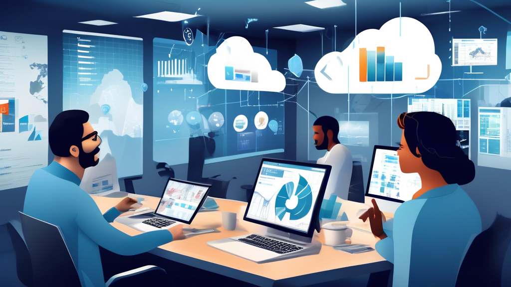 Create an image capturing a collage of real-world business scenarios where Cloud VPS is effectively utilized. In the collage, include:
- A small startup