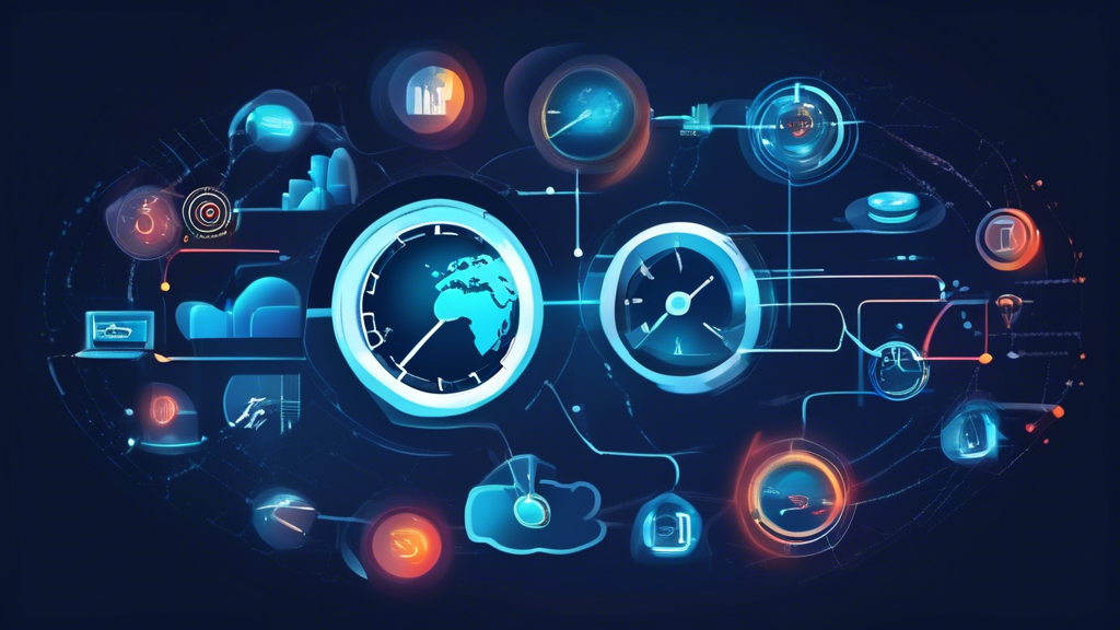 Create an image that visually represents the benefits of smart DNS servers in terms of enhanced internet speed and performance. The image should illustrate concepts like reduced latency, faster loading times, and overall improved internet performance. Include elements such as speedometers, fast-loading web pages, and a globe to signify global internet connectivity. The style should be modern and tech-focused, with vibrant colors and clear, easily understandable graphics.