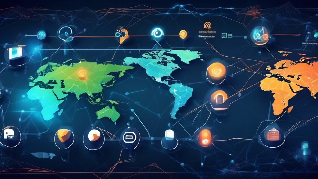 Create an image showcasing the global reach provided by Smart DNS Servers. The scene should include a visually stunning world map connected by glowing lines to emphasize unrestricted access to content from different regions. Integrate icons representing streaming services, gaming, and secure browsing around the map. The background should have a high-tech, modern feel with elements hinting at privacy and security.