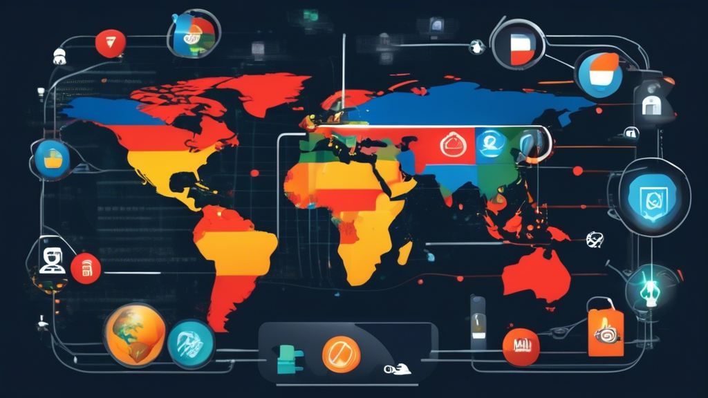 Create an image that showcases the key features of a Smart DNS VPN. The scene should include visual elements representing advanced encryption, such as a lock and encrypted data streams. Include symbols representing access to geo-restricted content, like a globe with various country flags, and depict high-speed performance, such as fast moving data lines or speedometer gauges. The overall composition should be modern and technology-focused, highlighting the cutting-edge capabilities of the Smart DNS VPN in ensuring online security and unrestricted internet access.
