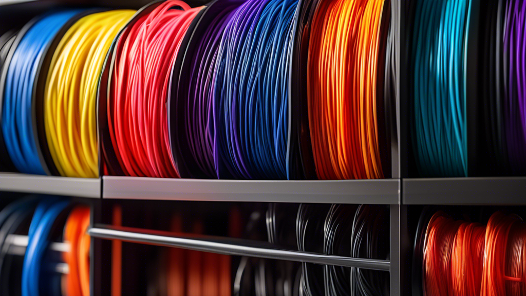 Diverse selection of 3DJake Filaments neatly displayed on shelves: Various types including PLA, ABS, and PETG, each in multiple vibrant colors and different diameters. Close-up views showcasing flexible and high-strength variants, demonstrating their unique properties and potential applications for 3D printing enthusiasts.