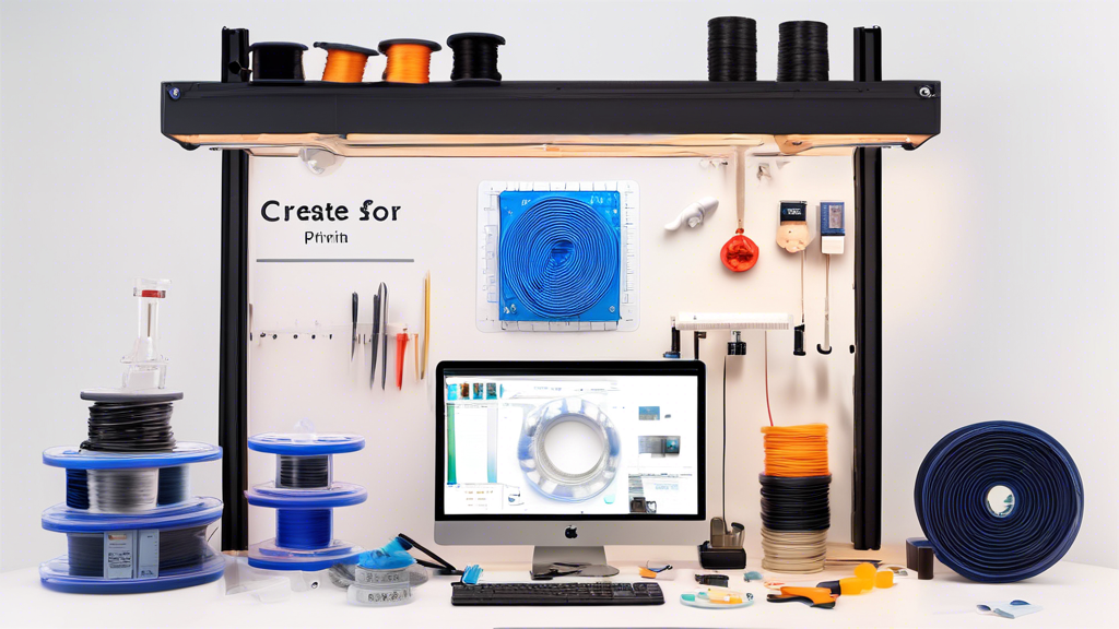 Create an image showcasing a well-organized workstation for 3D printing with detailed elements such as 3DJake filament spools stored correctly, a 3D printer in the process of calibration, and tools laid out for printer maintenance. Include visual tips like temperature settings on a screen, a hygrometer for checking humidity levels, and cleaning tools ready for use. The scene should emphasize best practices for storage, calibration, and maintenance, highlighting the 3DJake filament in use.