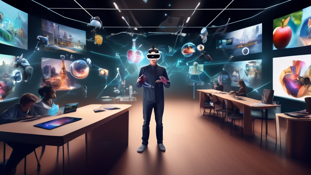 Create an image depicting the wide-ranging impact of the Apple VR Headset across various industries. Show a futuristic scene where a person is using the VR headset in different settings: gaming with immersive graphics, a classroom with a virtual teacher and students, a medical training simulation with virtual patients, and an entertainment zone with virtual concerts and movies. Integrate elements like holograms, interactive environments, and multi-sensory feedback to highlight the transformative potential of the VR technology in gaming, education, medicine, and entertainment.