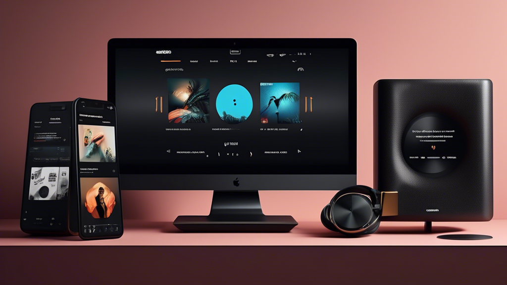 Create an image showcasing the user interface of Amazon Music HD on a sleek, modern device, surrounded by high-end audio equipment like headphones, speakers, and a turntable. Include elements like curated playlists displayed on the screen, and visualize the concept of exclusivity in music with iconic album covers and sound wave graphics in the background. The overall aesthetic should convey a premium experience for audiophile listeners, highlighting the blend of technology and quality sound.