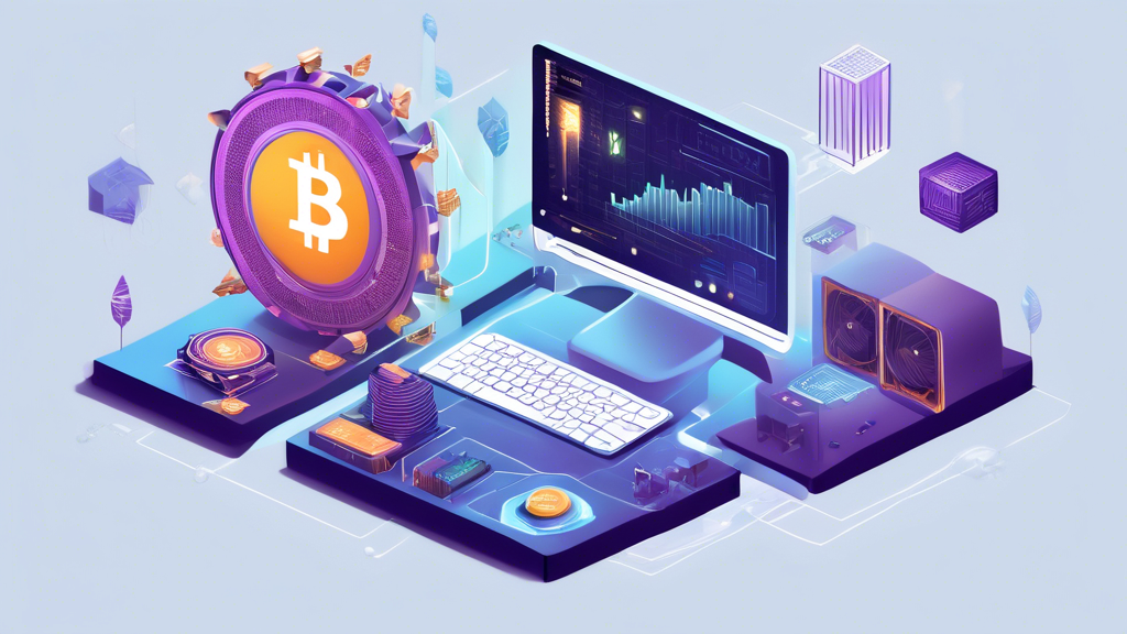 Create an image titled Top Methods to Earn Crypto as a Beginner:

A visually engaging scene featuring three distinct sections representing different methods to earn crypto:

1. **Cryptocurrency Mining**: Show a home setup with a computer, mining rig, and cooling fans, with small digital icons of Bitcoin, Ethereum, and other major cryptocurrencies floating nearby.

2. **Participating in Airdrops and Bounties**: Illustrate a person on a laptop receiving airdropped crypto coins from a cloud, along with a checklist symbolizing bounty tasks being completed.

3. **Staking and Yield Farming**: Depict a digital farm with coins growing from the ground, connected to a network of computers showing staking processes, with graphs indicating yield growth.

Include elements like a beginner guide and crypto-related icons to emphasize the educational nature of the content.