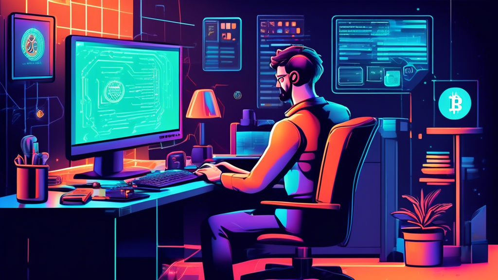 Create an image depicting a person managing their cryptocurrency assets safely. The scene should include a secure, digital wallet interface on a computer screen, physical security elements like a hardware wallet, and alert notifications highlighting potential scams. Modern background elements suggest comfort and awareness in a tech-savvy home or office environment.