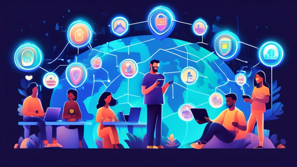 Create an image of a diverse group of people happily using various devices like smartphones, tablets, and laptops, with glowing padlocks and digital shields symbolizing security around them. The background should feature a subtle world map, indicating global connectivity. Above them, there should be the Betternet logo, representing trust and ease of use. The overall vibe should be modern and reassuring, conveying the strengths of Betternet in providing enhanced security, data encryption, and compatibility across devices.
