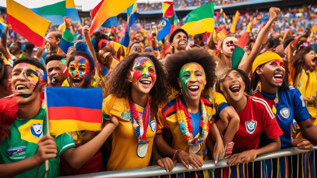Create an image of the excitement and cultural impact of the CONCACAF 2023 football tournament. Picture a stadium filled with passionate fans from different countries, waving their colorful flags, and cheering energetically. Capture the diverse cultural attire, face paint, and the unity among the fans. Include small elements such as fans sharing their stories, friendships forming, and moments of celebration. Show the vibrant atmosphere that transcends the sport, highlighting the emotional and cultural significance of the event. Keywords: CONCACAF 2023, passion, cultural unity, diverse fans, celebrations, emotional stories.