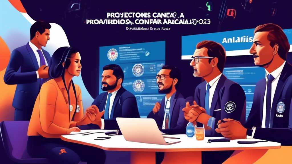 Create an image that captures the essence of Proyecciones y Análisis: ¿Qué Resultados Podemos Esperar en la CONCACAF 2023? by depicting a dynamic scene that includes the following elements:
- A panel of animated sports analysts and commentators discussing and debating around a table with laptops, charts, and screens displaying analysis stats and player profiles.
- A stadium backdrop filled with cheering fans in vibrant team colors, reflecting both anticipation and excitement.
- Highlight key players and teams in action poses on a central display screen, showcasing their heroic moments and future potential.
- Include symbols of both surprises and disappointments, such as dramatic moments of victory and defeat.
- Emphasize the theme Proyecciones y Análisis with text banners or graphics showing data trends, prediction graphs, and expert opinions.

Keyword: concacaf 2023.