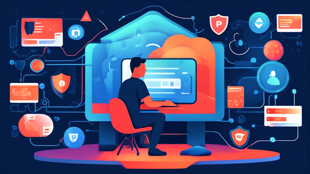 Create an illustration that depicts the concept of online privacy security, focusing on the third outline point regarding common security issues when hiding a proxy. The image should show a digital landscape with a person sitting at a computer, using a VPN and various security tools surrounding them, such as firewalls, antivirus software, and a shield icon symbolizing protection. Include visual elements representing risks, like warning signs or cracked screens, along with a checklist of best practices for maintaining online privacy. The overall mood should be one of vigilance and proactive security, emphasizing the importance of safeguarding online activities.