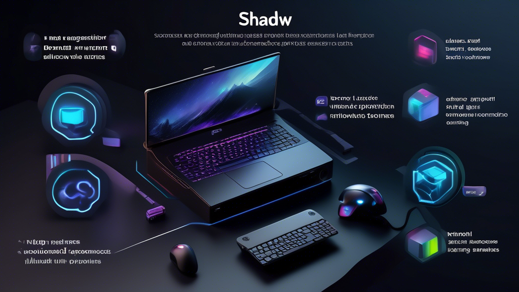 Create an image illustrating the advantages of Shadow PC, showcasing its powerful performance and flexibility. Include elements like high-end hardware specifications, user-friendly interface, seamless integration with multiple devices (laptops, tablets, smartphones), and different operating systems (Windows, macOS, Android). Compare Shadow PC