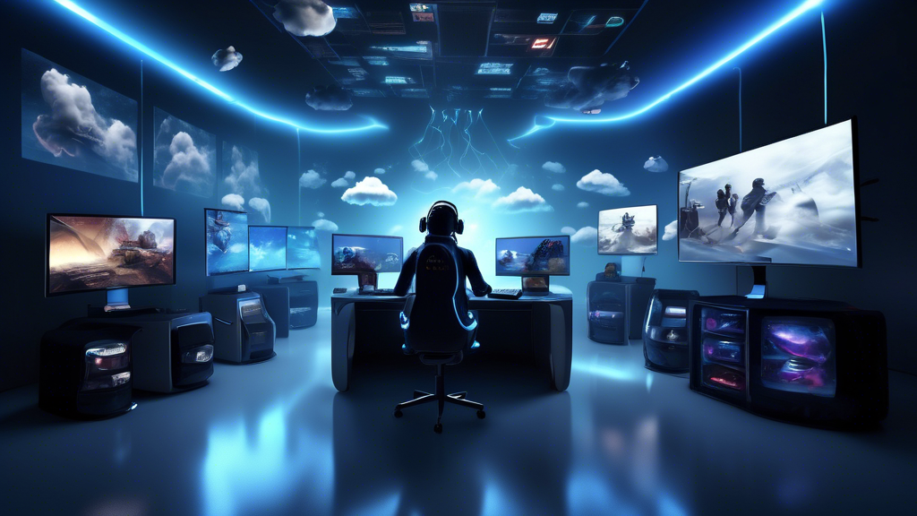 A futuristic scene depicting the evolution of cloud gaming, with a central focus on Shadow PC. The image should include a high-tech digital environment with various gaming devices (PCs, tablets, smartphones) seamlessly connected to a central cloud, representing Shadow PC. Highlight planned updates and features like VR integration, enhanced graphics, and speed capabilities. The background should hint at the increasing global adoption of cloud gaming, with people from various demographics engaged in gaming. Include futuristic elements like holographic interfaces and a futuristic cityscape to emphasize the forward-looking nature of this technology.