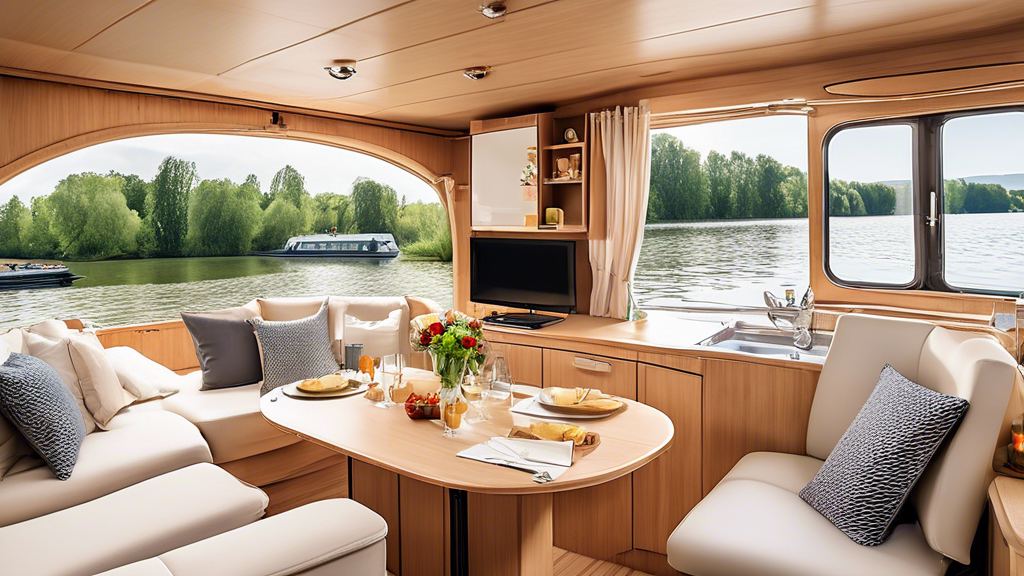 Create an image that showcases the comfort and variety of the houseboats offered by Kuhnle Tours GmbH Hausbootvermietung. The image should display a serene water setting with a fleet of different houseboats ranging from compact to luxurious, each with distinct amenities and features visible. Include people enjoying various activities like sunbathing on deck, dining in an interior cabin, and navigating the boat, to highlight the diverse options that cater to different group sizes and preferences. The scene should be inviting and emphasize the high-quality, comfortable living spaces provided by Kuhnle Tours GmbH Hausbootvermietung.