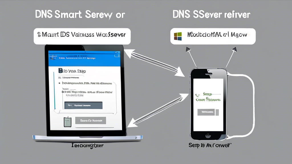 A detailed instructional image showing the steps to configure a Smart DNS server on various devices. The top section illustrates the configuration process on computers (both Windows and Mac), with step-by-step visuals. The middle section shows the setup on mobile devices (iOS and Android) with corresponding screenshots. The bottom part of the image displays the setup for routers, highlighting key steps and settings needed for a global protection approach in a clear and informative style.