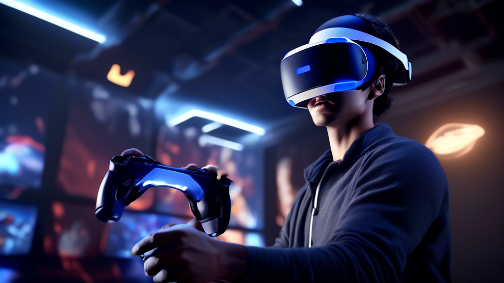 High-resolution image of a gamer fully immersed in a virtual reality world using the PlayStation VR 2. The scene showcases the enhanced graphics and performance of the headset, capturing the realism and fluidity of the game environment. The gamer is also interacting with haptic feedback and adaptive triggers, with visual effects highlighting the sensations and responses. A variety of exclusive VR game titles are visible in the background, emphasizing the unique and thrilling content available for the PlayStation VR 2.