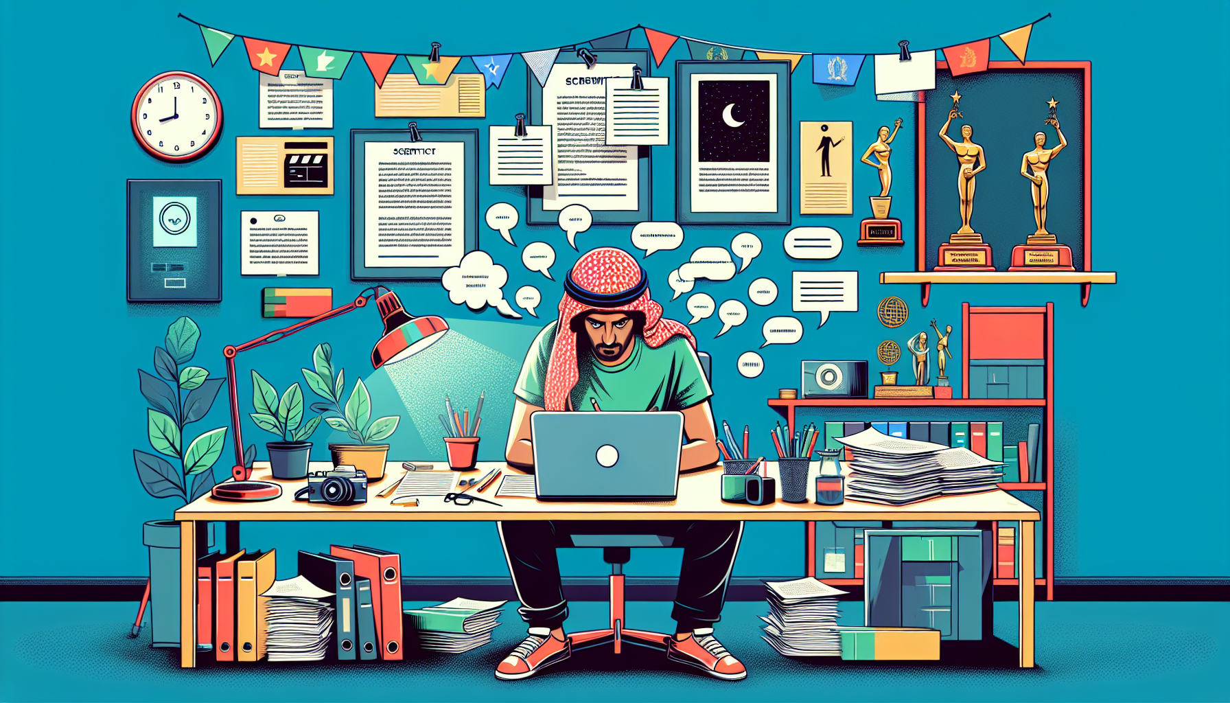 Create an engaging and visually striking image for Tips for Successfully Submitting to Screenwriting Contests in 2022. The scene should feature an aspiring screenwriter surrounded by drafts of scripts and notes, working diligently on a laptop in a cozy, well-organized workspace. Include elements like awards or trophies on a shelf, suggesting success and recognition. Highlight the screenwriter